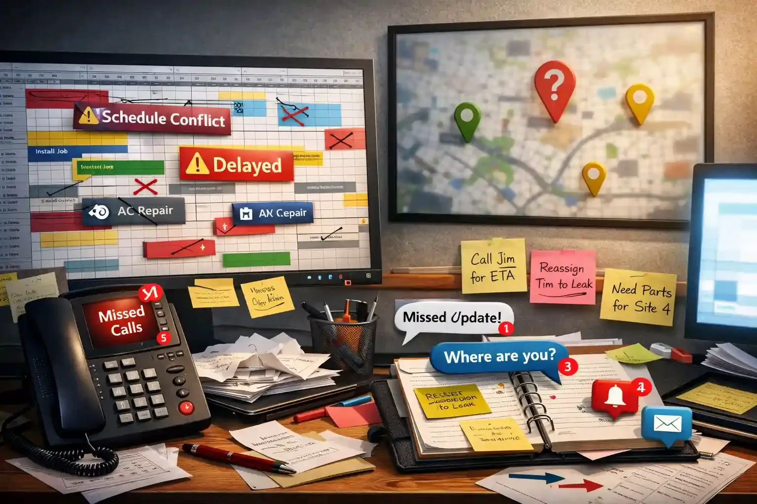 Chaotic dispatcher desk with messy schedules, missed calls, and delays